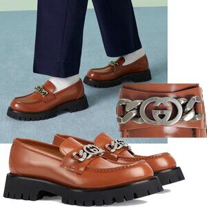 GUCCI SHOES MENS MOC TOE LUG SOLE MOCCASINS LOAFERS w LOGO  sz 7.5 US 8